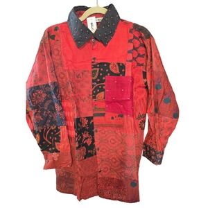Bohemian Patchwork Long Sleeve Button Up Shirt Red Bohemian New